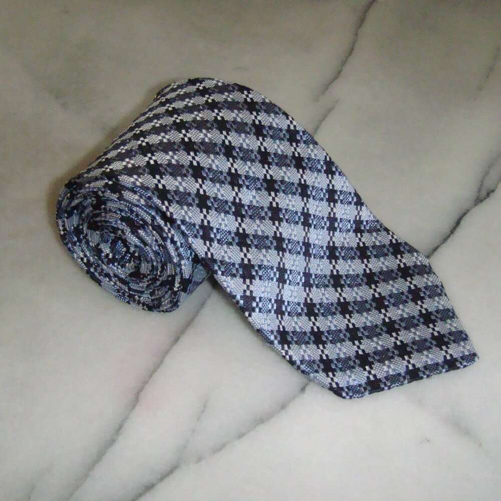 Escada Tie - Checkered, Striped - Blue, White - 3.5" x 57.5"